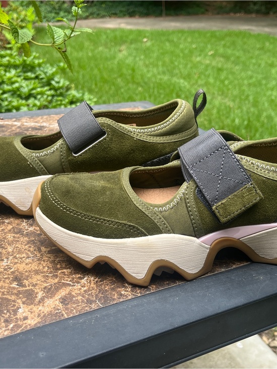 Sorel Shoes - Sorel Kinetic MJ Olive Green Suede Slip-On Sneakers with Chunky Sole